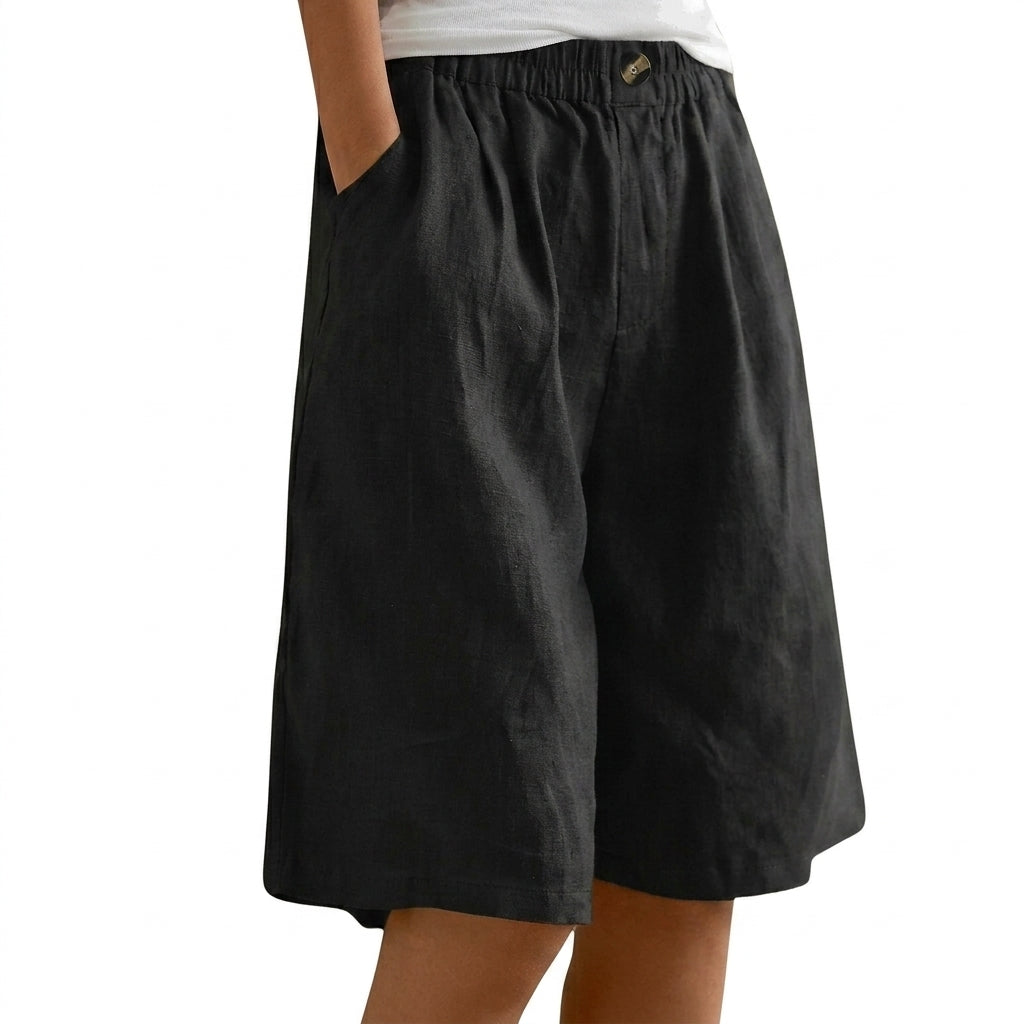 Femmes Short Jambes Larges Taille Elastique Bouton Noir