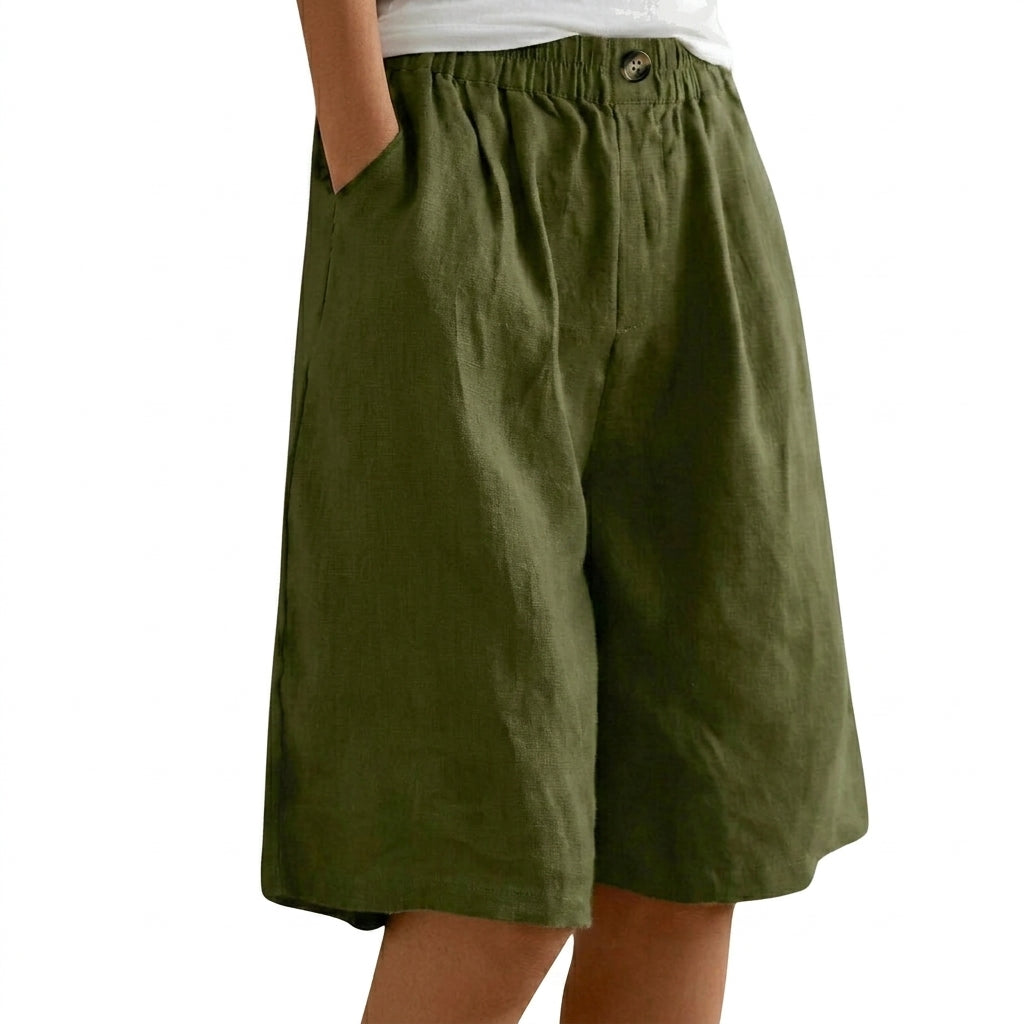 Femmes Short Jambes Larges Taille Elastique Bouton Vert Armée