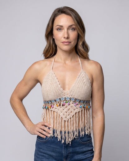 Haut court dos nu en crochet pour femme avec ourlet à pompons 2