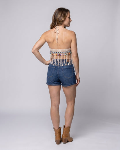 Haut court dos nu en crochet pour femme avec ourlet à pompons 4