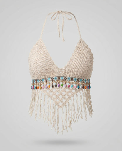Haut court dos nu en crochet pour femme avec ourlet à pompons 5