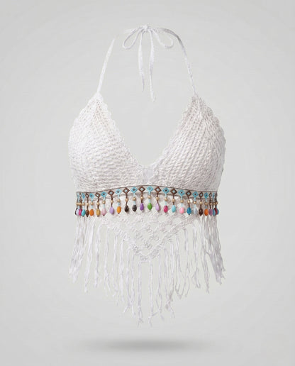 Haut court dos nu en crochet pour femme avec ourlet à pompons 6