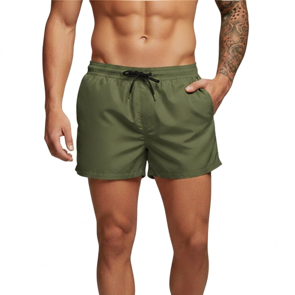 Homme Short de bain à taille élastique et cordon de serrage Vert Olive