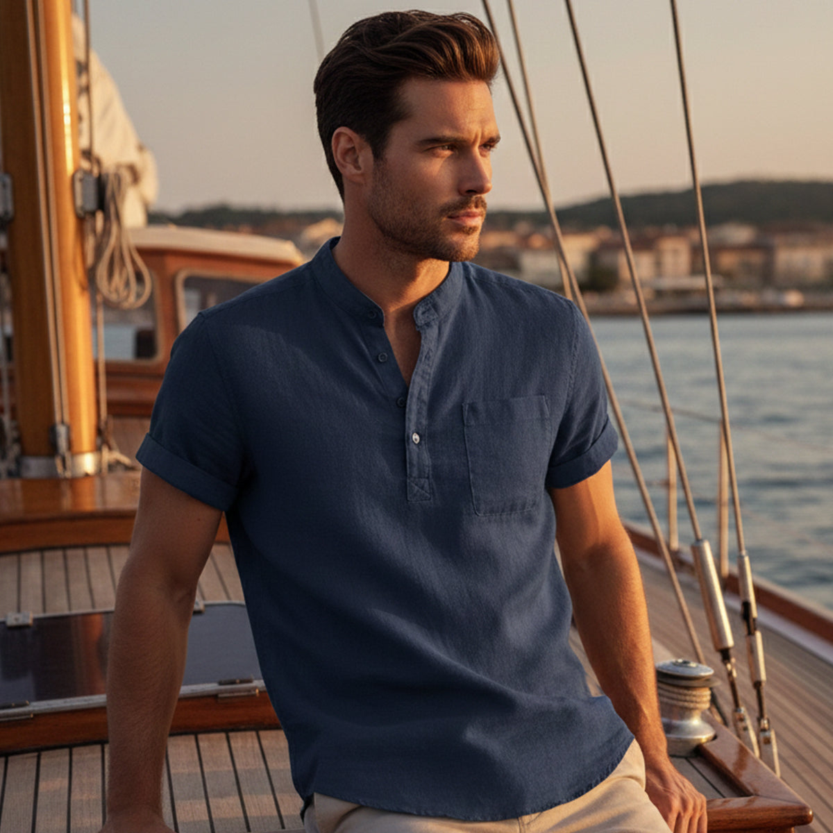 Hommes Chemise Henley à manches courtes avec col officier et poche poitrine 2