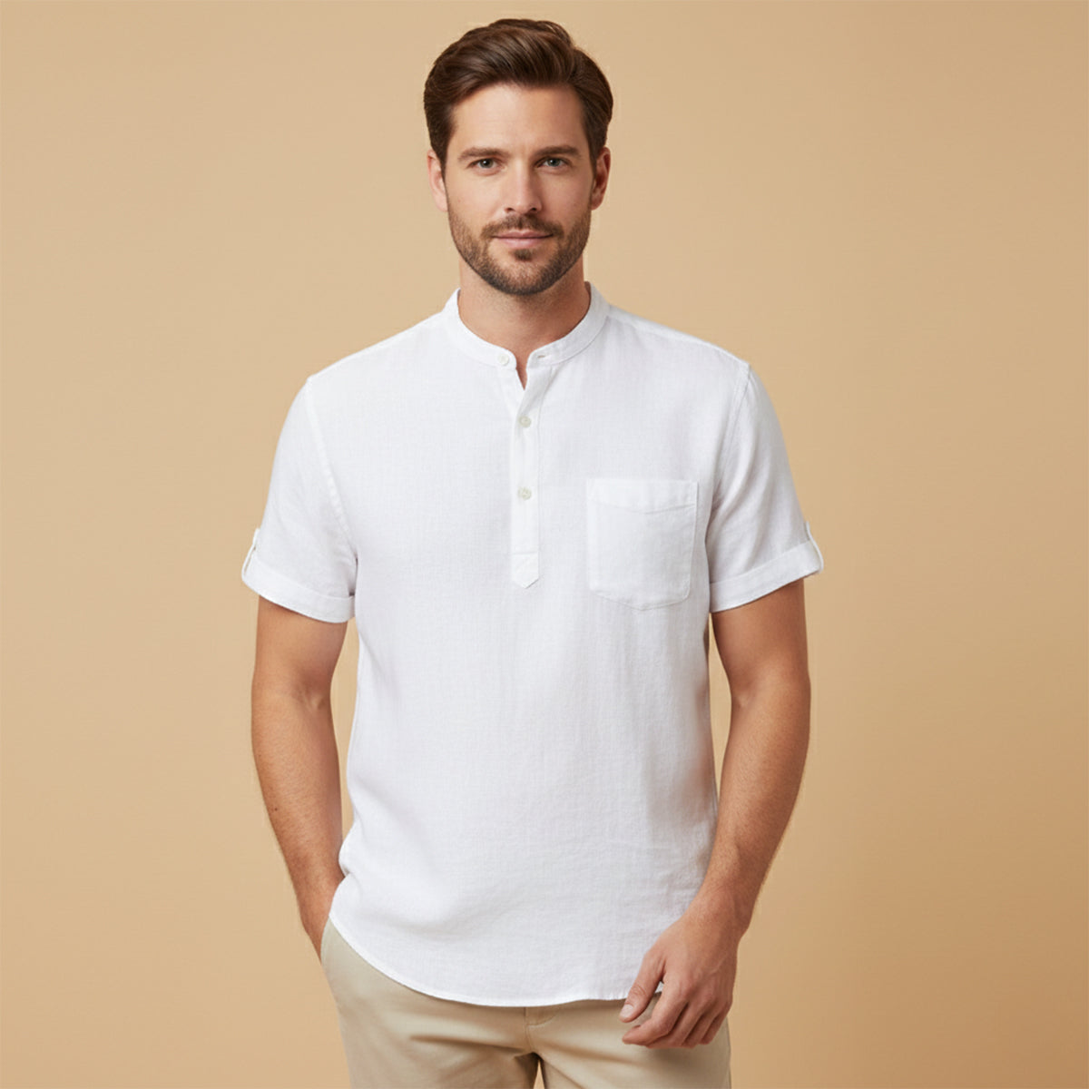 Hommes Chemise Henley à manches courtes avec col officier et poche poitrine 3