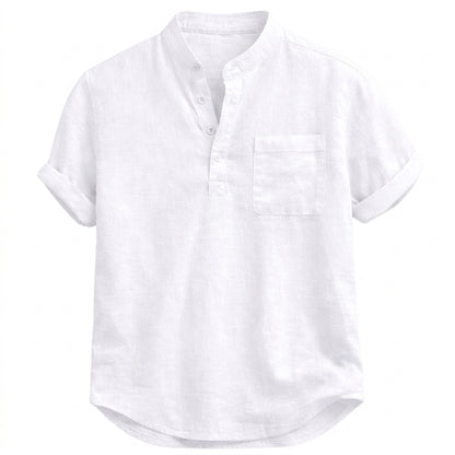 Hommes Chemise Henley à manches courtes avec col officier et poche poitrine Blanc