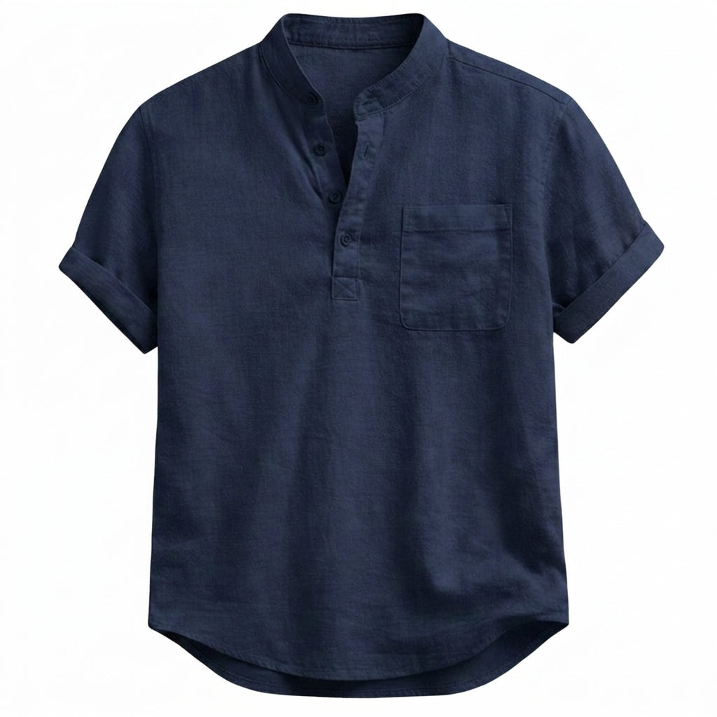 Hommes Chemise Henley à manches courtes avec col officier et poche poitrine Bleu Marine
