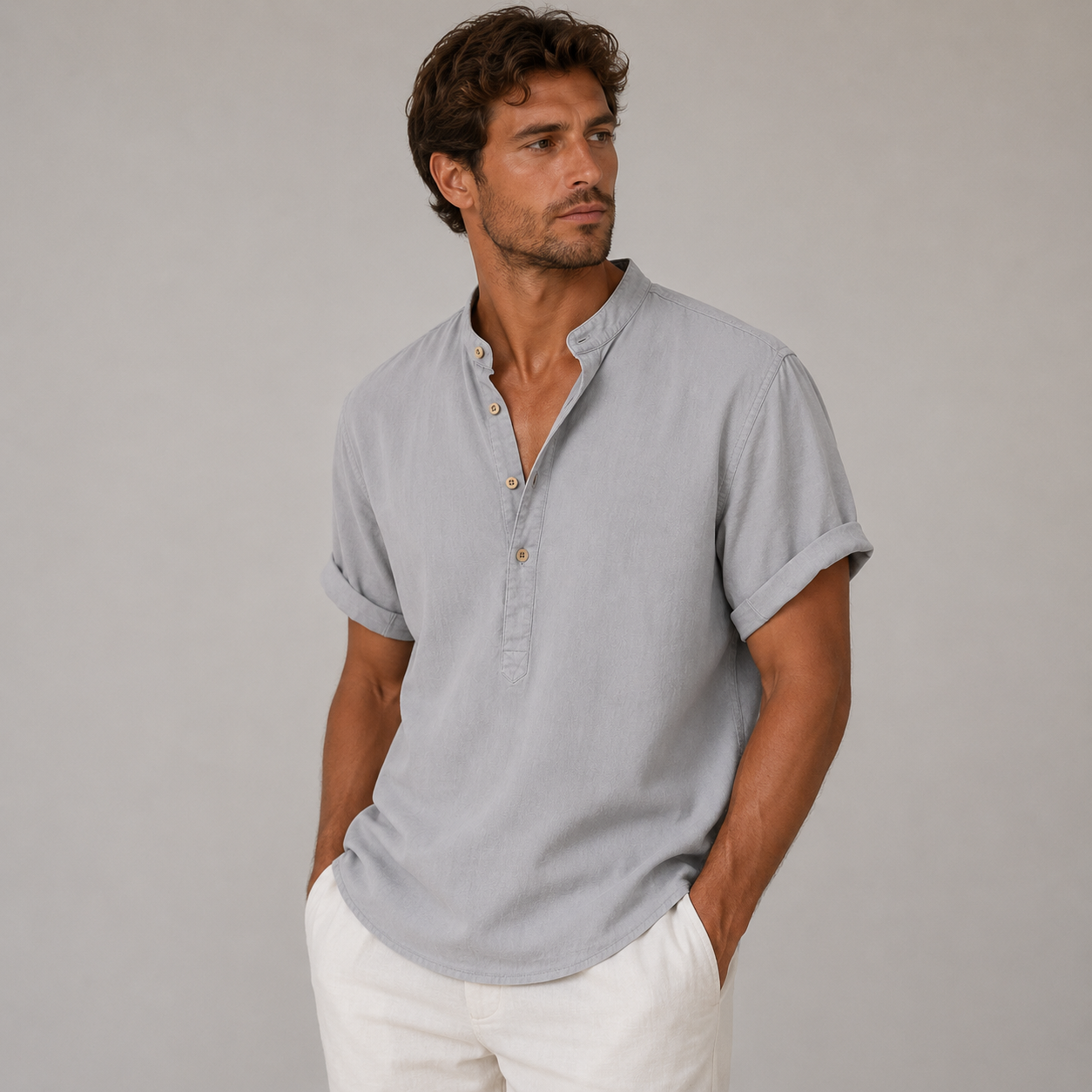 Hommes Chemise Manches Courtes Col Officier Patte de Boutonnage Partielle 2