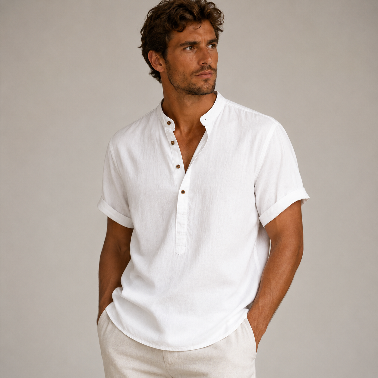 Hommes Chemise Manches Courtes Col Officier Patte de Boutonnage Partielle Blanc