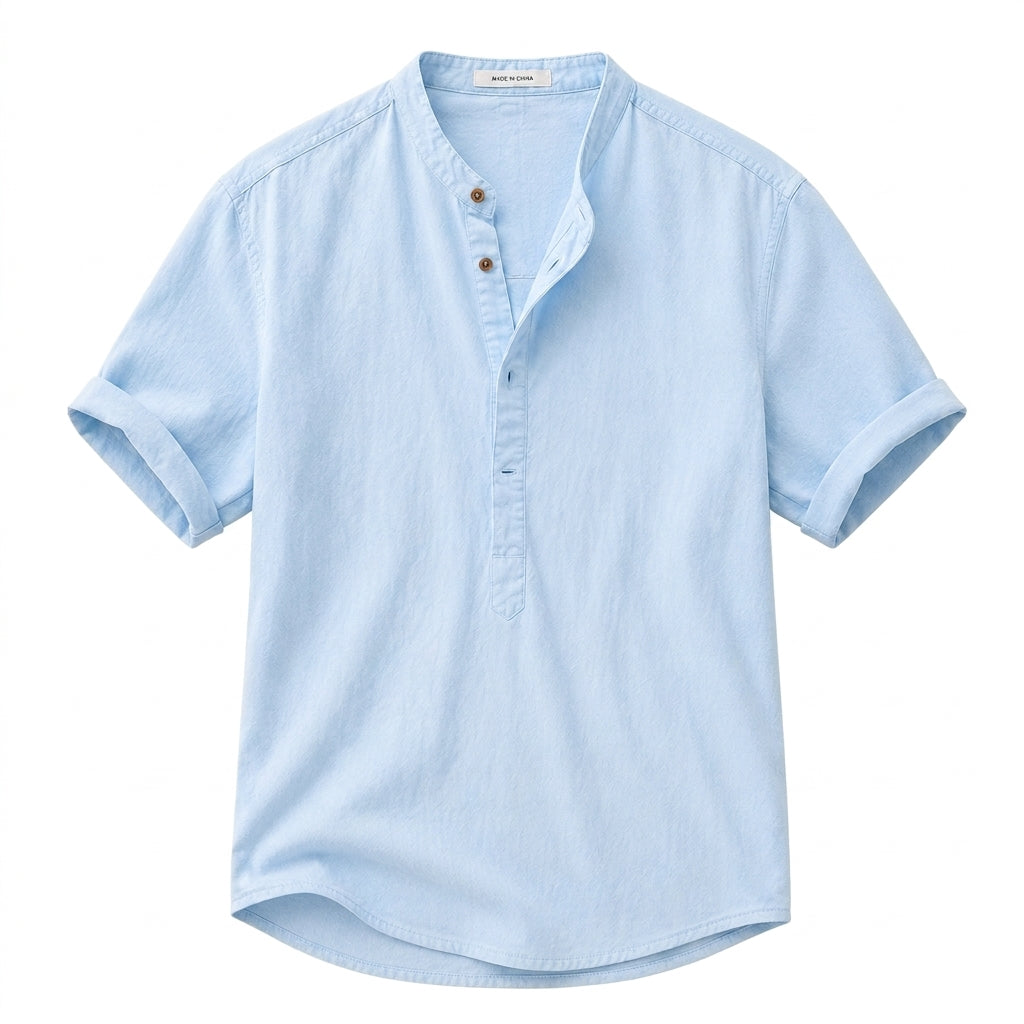 Hommes Chemise Manches Courtes Col Officier Patte de Boutonnage Partielle Bleu Clair