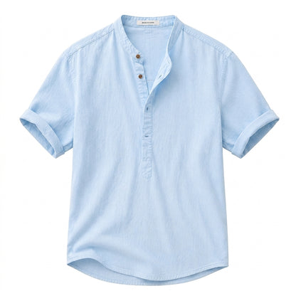 Hommes Chemise Manches Courtes Col Officier Patte de Boutonnage Partielle Bleu Clair