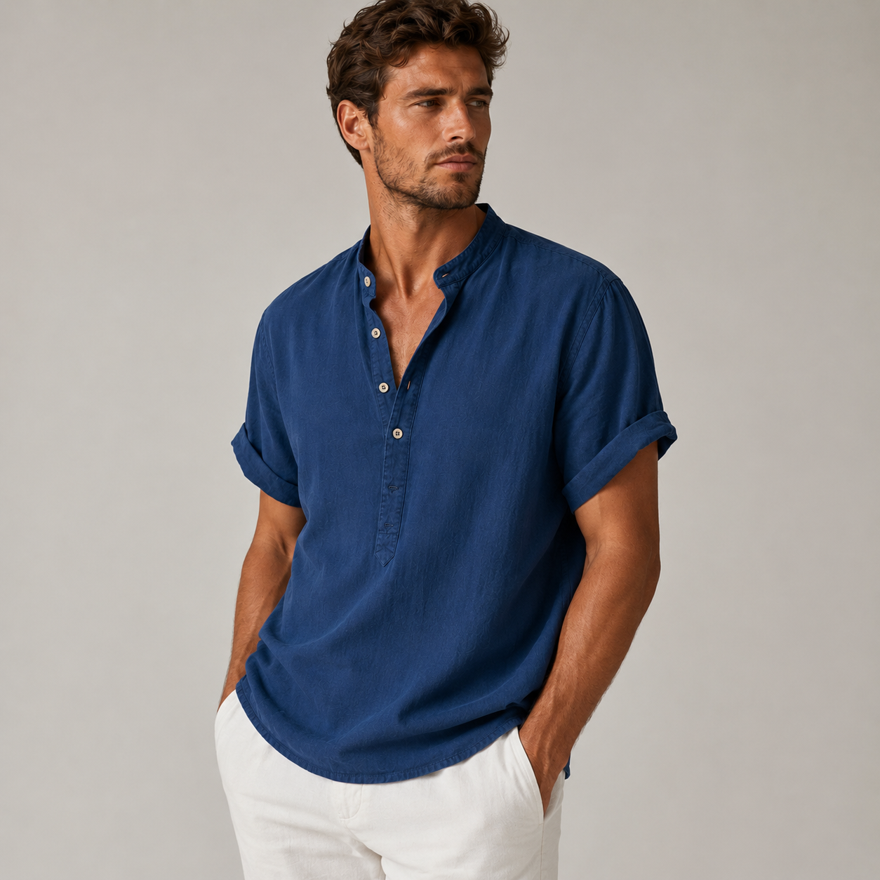 Hommes Chemise Manches Courtes Col Officier Patte de Boutonnage Partielle Bleu Marine