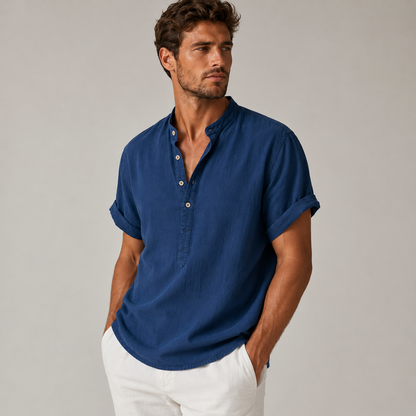 Hommes Chemise Manches Courtes Col Officier Patte de Boutonnage Partielle Bleu Marine