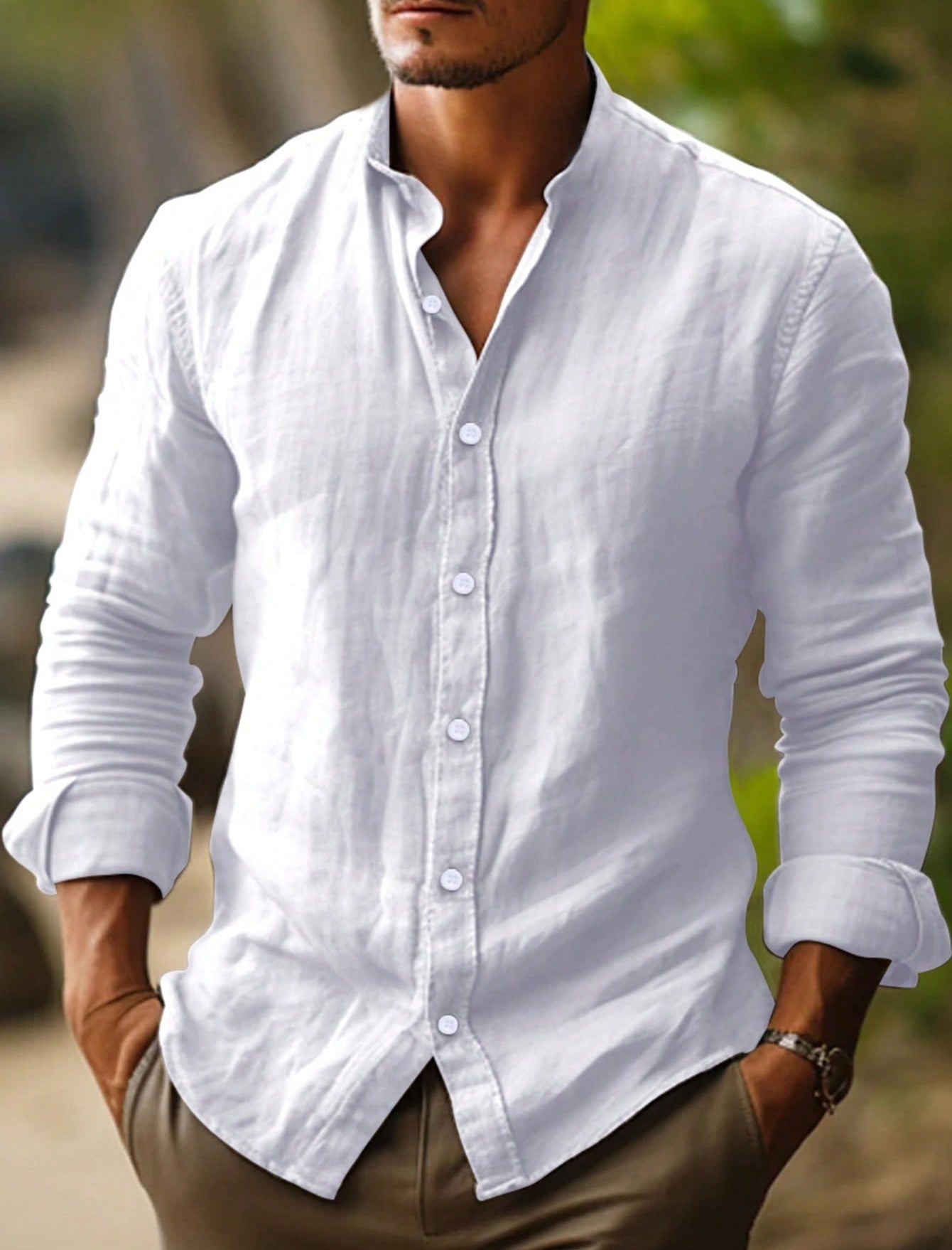 Hommes Chemise à manches longues avec col officier et texture lin Blanc