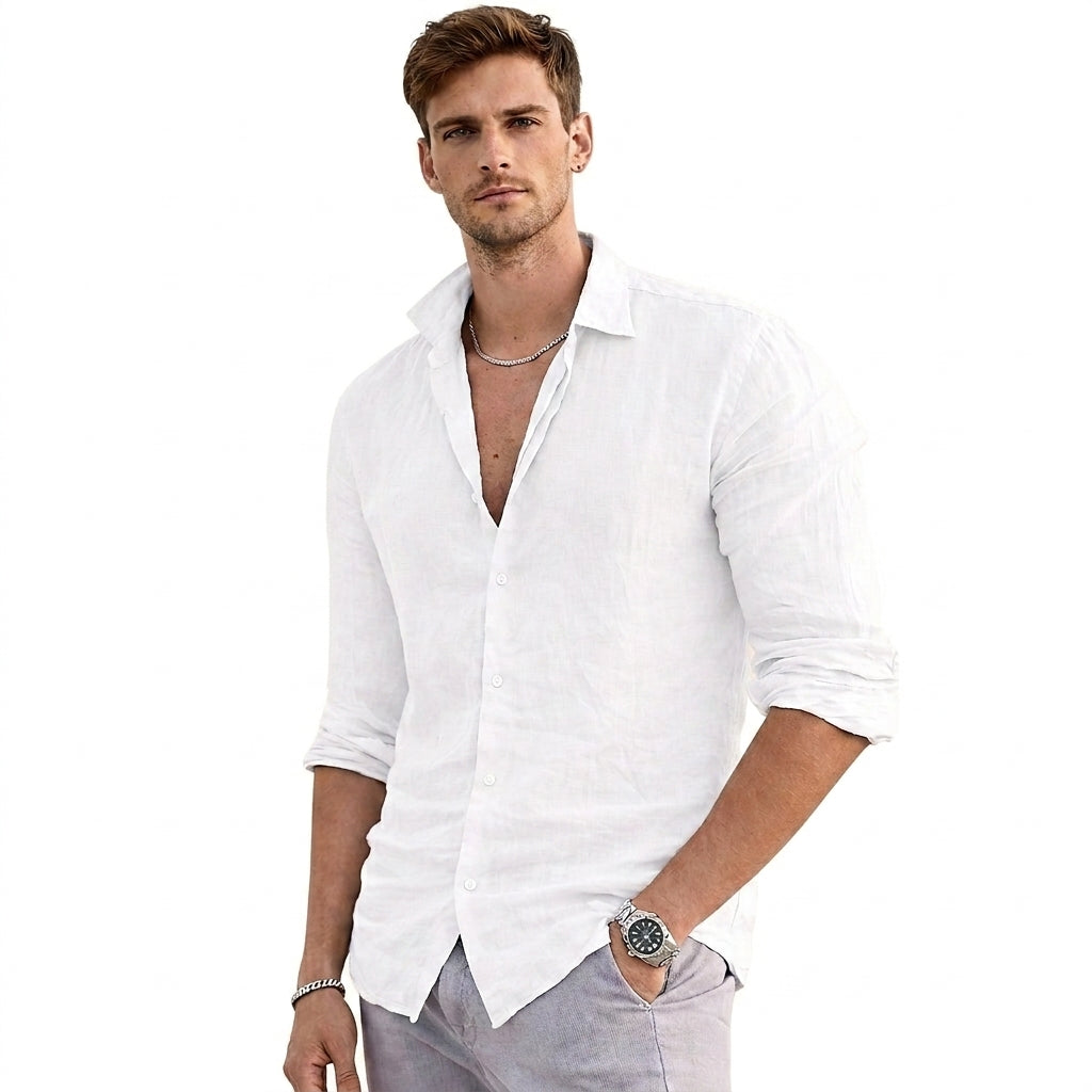 Hommes - Chemise en lin à manches longues et col italien Blanc