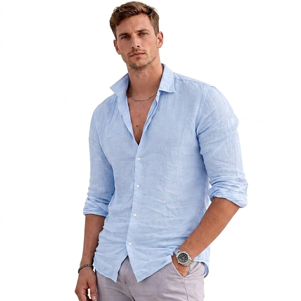 Hommes - Chemise en lin à manches longues et col italien Bleu