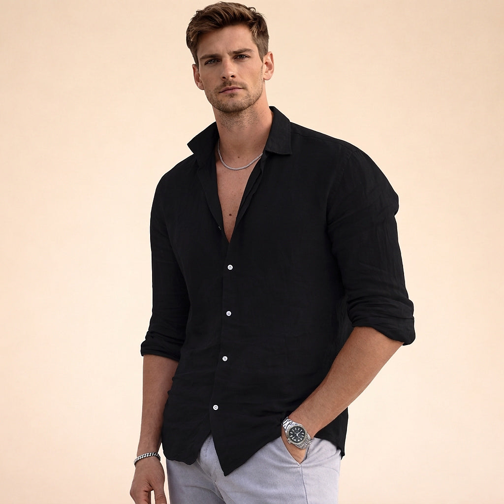 Hommes - Chemise en lin à manches longues et col italien Noir
