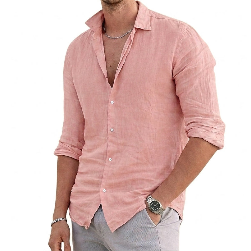 Hommes - Chemise en lin à manches longues et col italien Rose