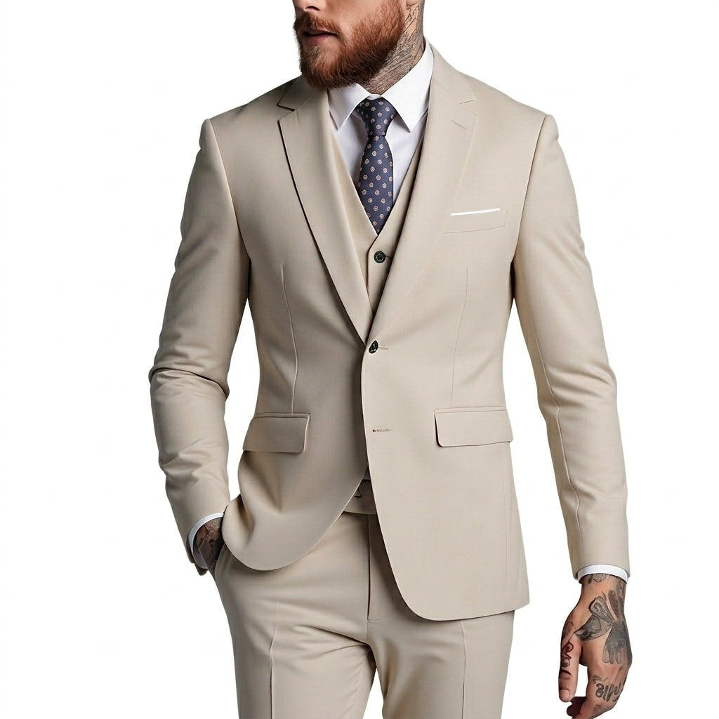 Hommes, Costume 3 pièces avec veste à deux boutons et gilet Beige