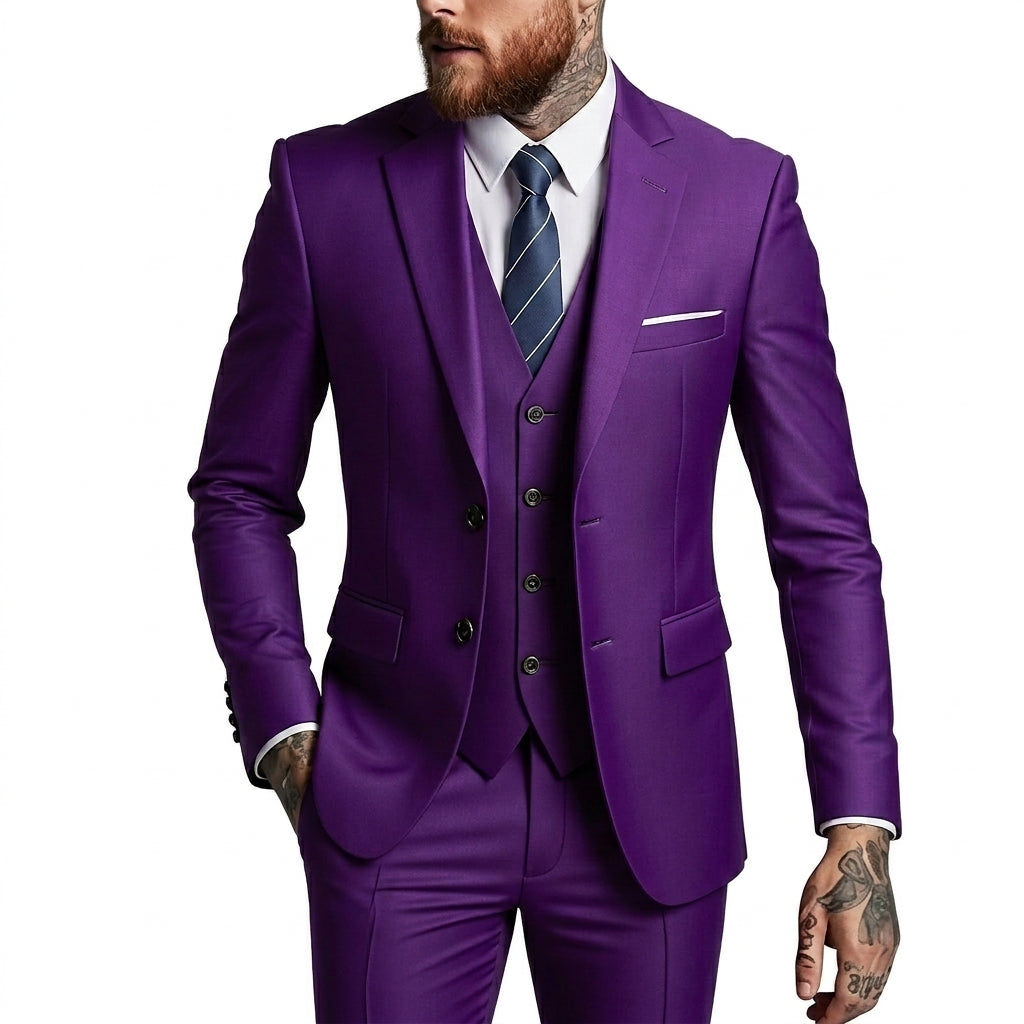 Hommes, Costume 3 pièces avec veste à deux boutons et gilet Violet