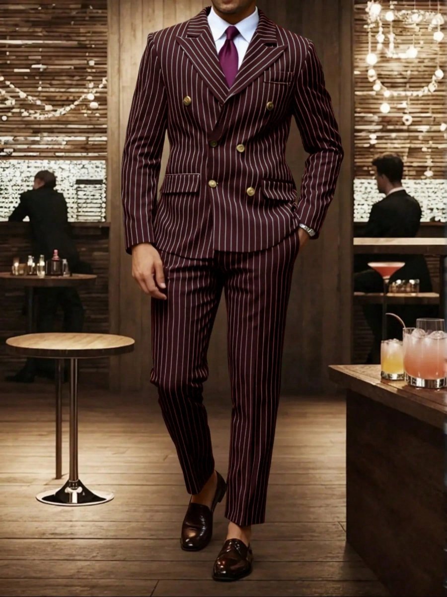 Hommes Costume à Rayures et Fermeture Croisée Bordeaux