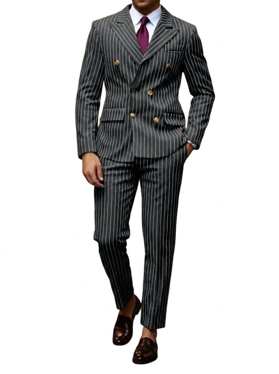 Hommes Costume à Rayures et Fermeture Croisée Gris