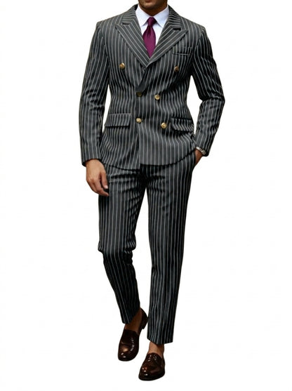 Hommes Costume à Rayures et Fermeture Croisée Gris