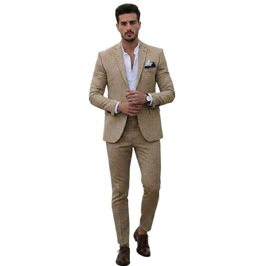 Hommes Costume deux pièces à revers crantés et coupe ajustée Kaki