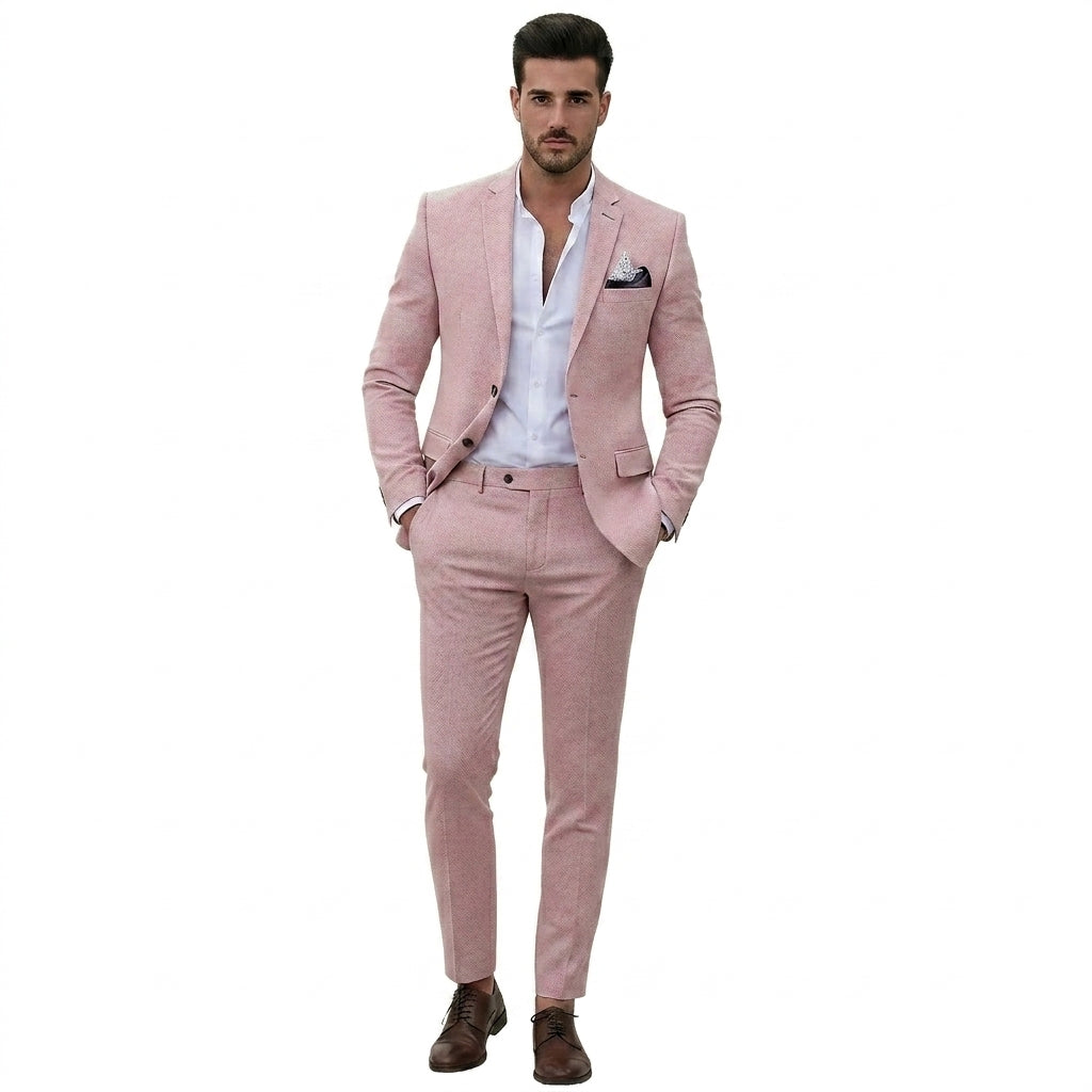Hommes Costume deux pièces à revers crantés et coupe ajustée Rose