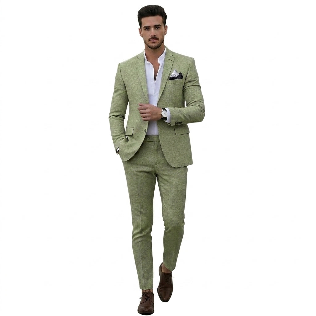 Hommes Costume deux pièces à revers crantés et coupe ajustée Vert Clair