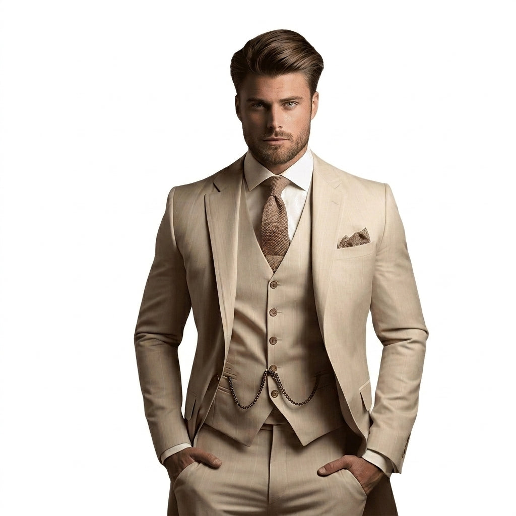 Hommes Costume trois pièces avec veste à revers crantés et gilet boutonné Beige