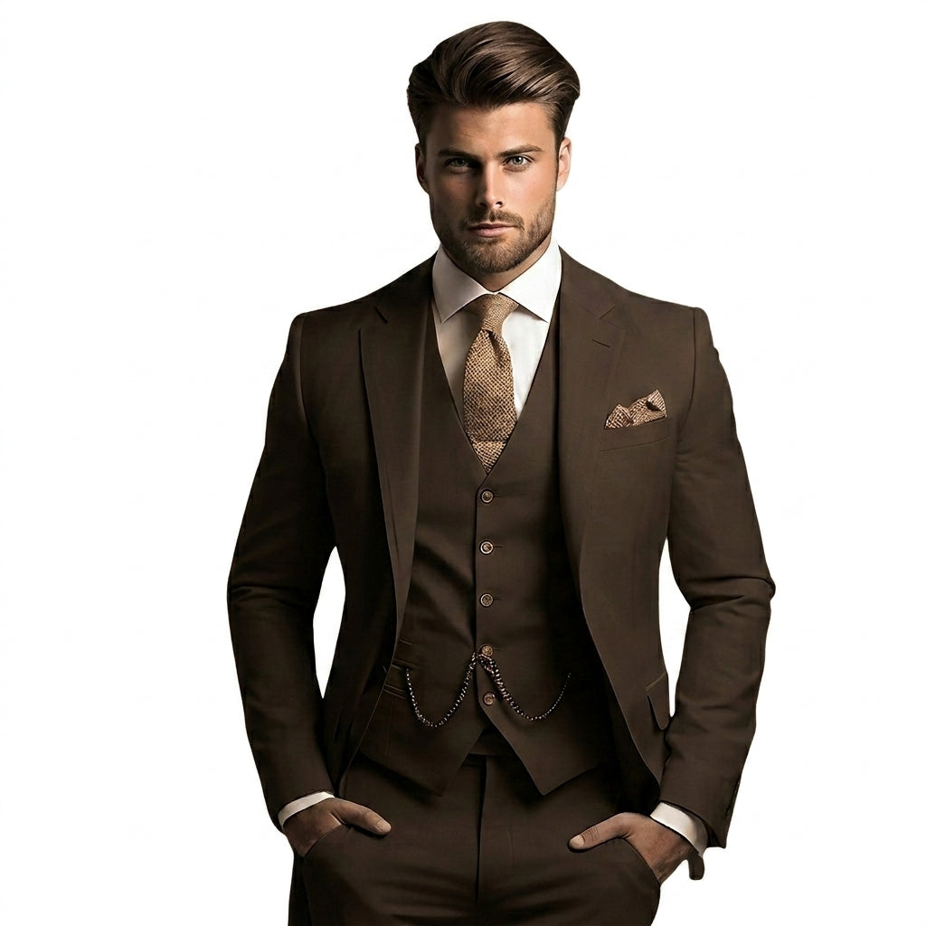 Hommes Costume trois pièces avec veste à revers crantés et gilet boutonné Café