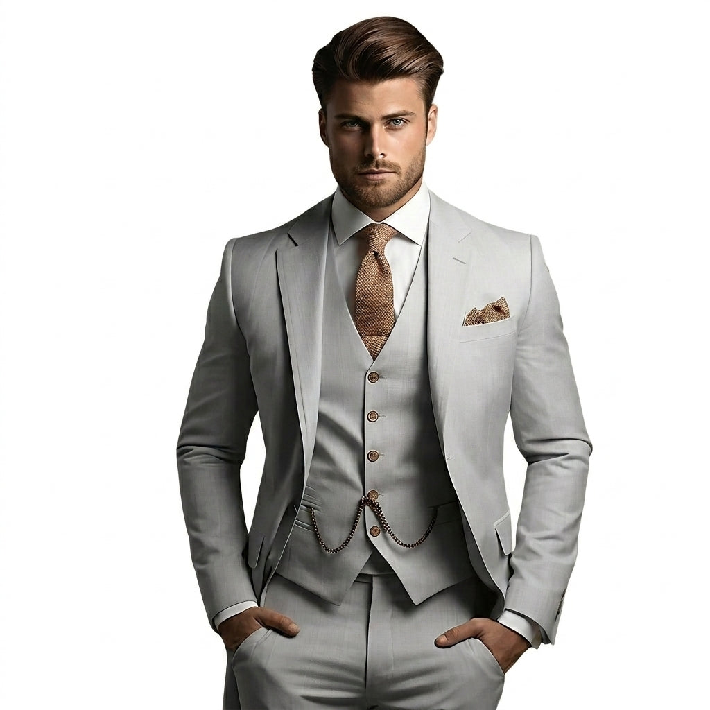Hommes Costume trois pièces avec veste à revers crantés et gilet boutonné Gris