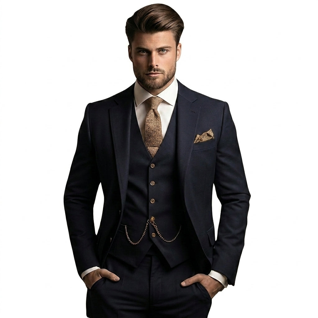 Hommes Costume trois pièces avec veste à revers crantés et gilet boutonné Noir