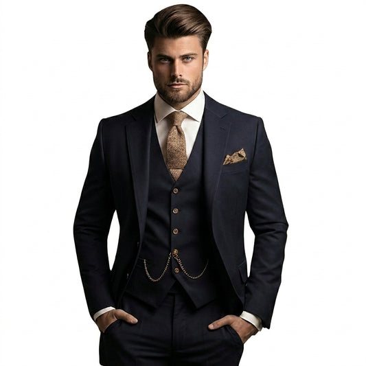Hommes Costume trois pièces avec veste à revers crantés et gilet boutonné Noir
