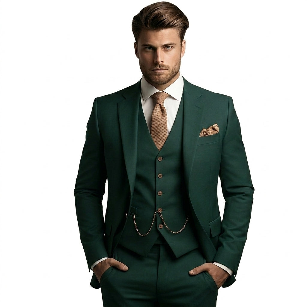Hommes Costume trois pièces avec veste à revers crantés et gilet boutonné Vert Foncé