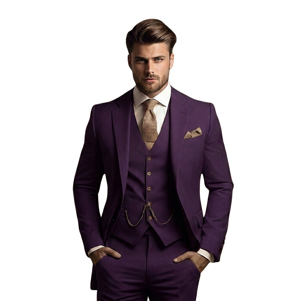 Hommes Costume trois pièces avec veste à revers crantés et gilet boutonné Violet