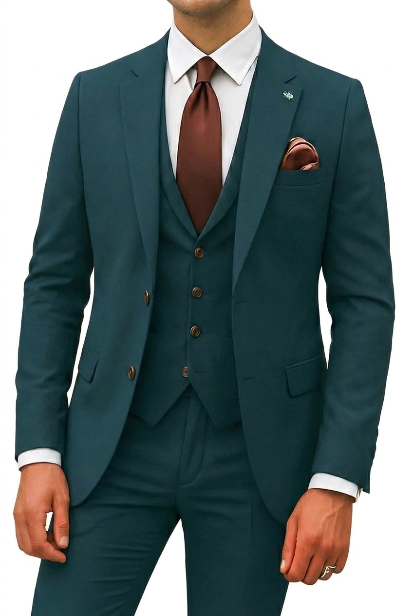 Hommes Ensemble 3 pièces avec veste à revers à cran, gilet et pantalon Bleu Canard