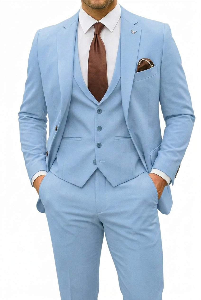 Hommes Ensemble 3 pièces avec veste à revers à cran, gilet et pantalon Bleu Clair