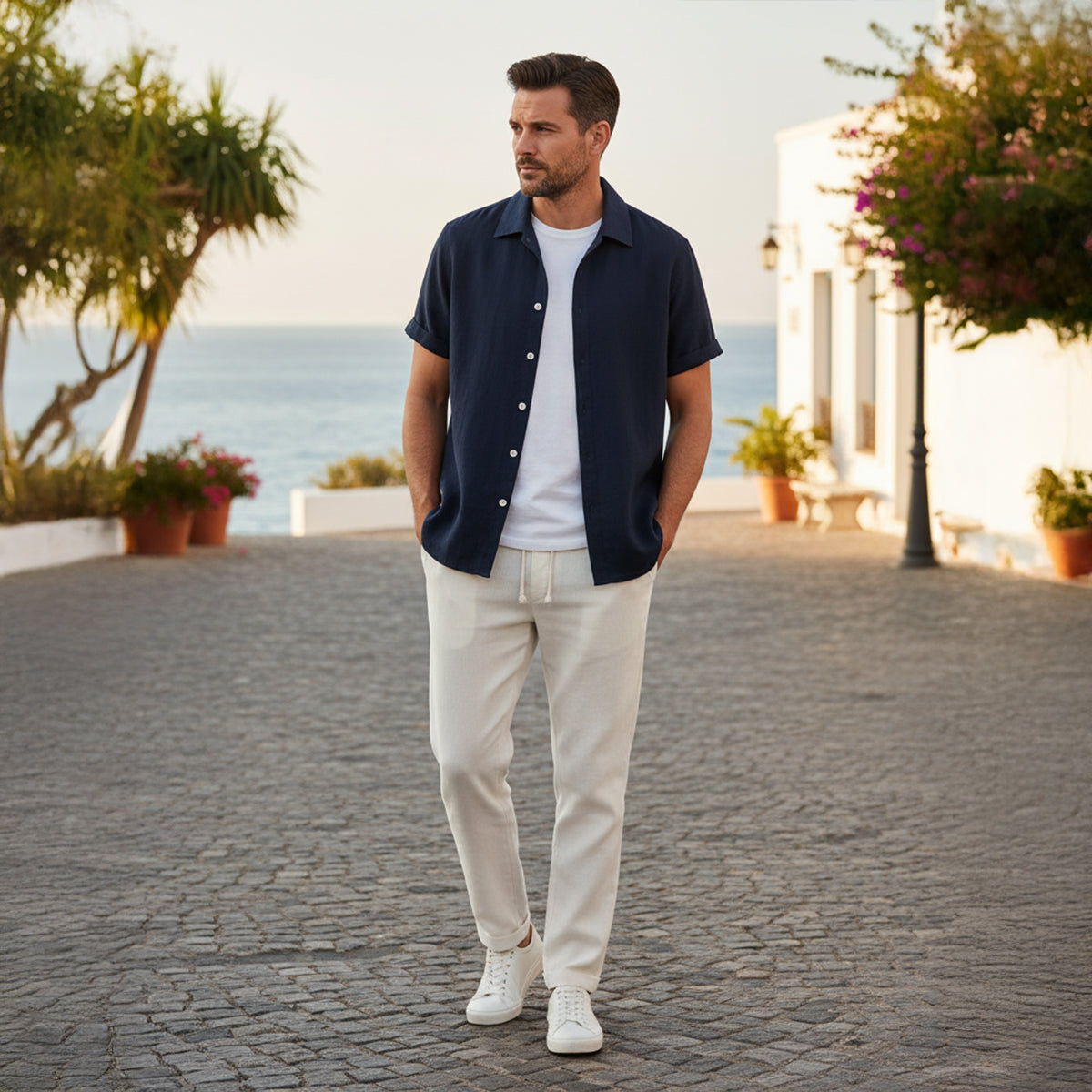 Hommes Ensemble Chemise à Manches Courtes et Pantalon à Cordon de Serrage 10