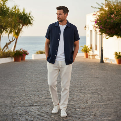 Hommes Ensemble Chemise à Manches Courtes et Pantalon à Cordon de Serrage 10