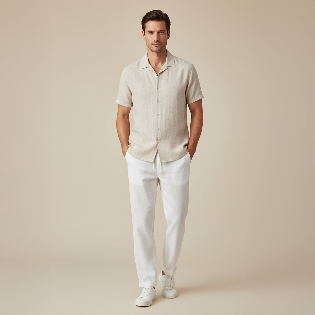 Hommes Ensemble Chemise à Manches Courtes et Pantalon à Cordon de Serrage 2