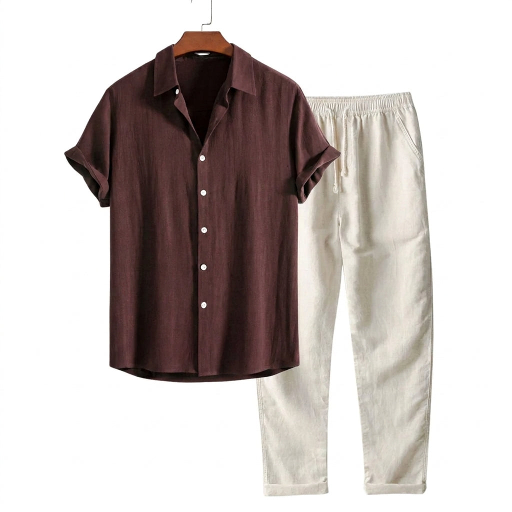 Hommes Ensemble Chemise à Manches Courtes et Pantalon à Cordon de Serrage 5