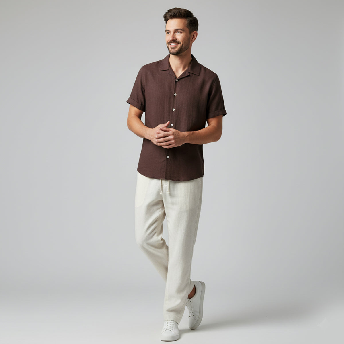 Hommes Ensemble Chemise à Manches Courtes et Pantalon à Cordon de Serrage 6