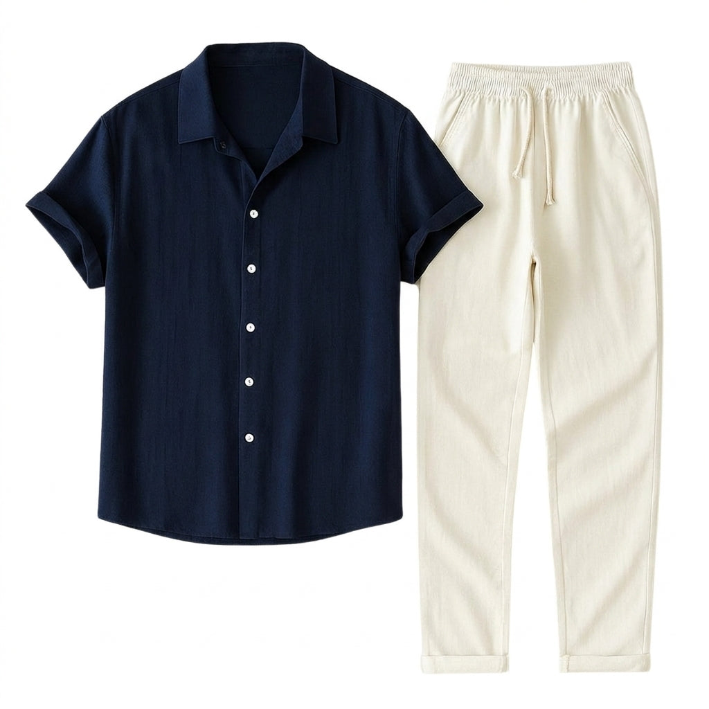 Hommes Ensemble Chemise à Manches Courtes et Pantalon à Cordon de Serrage 7