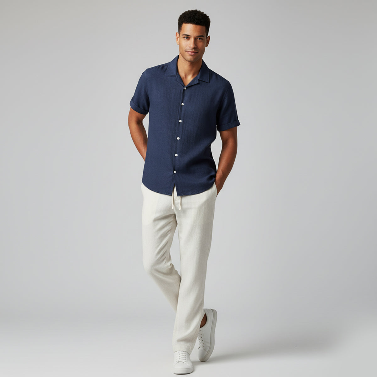 Hommes Ensemble Chemise à Manches Courtes et Pantalon à Cordon de Serrage 8