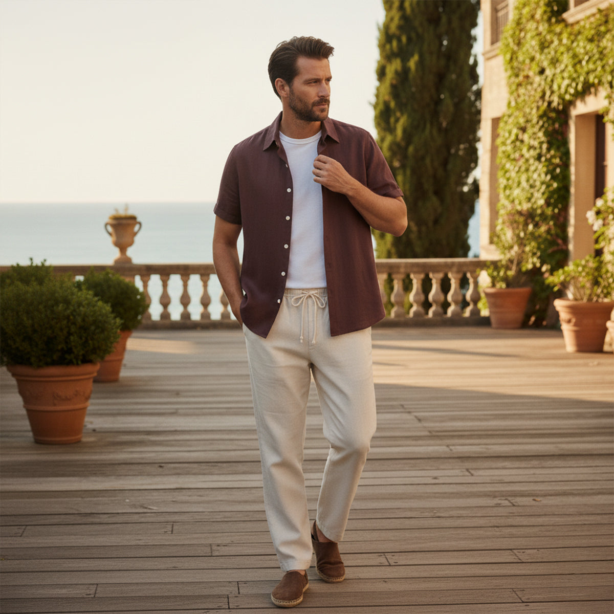 Hommes Ensemble Chemise à Manches Courtes et Pantalon à Cordon de Serrage 9