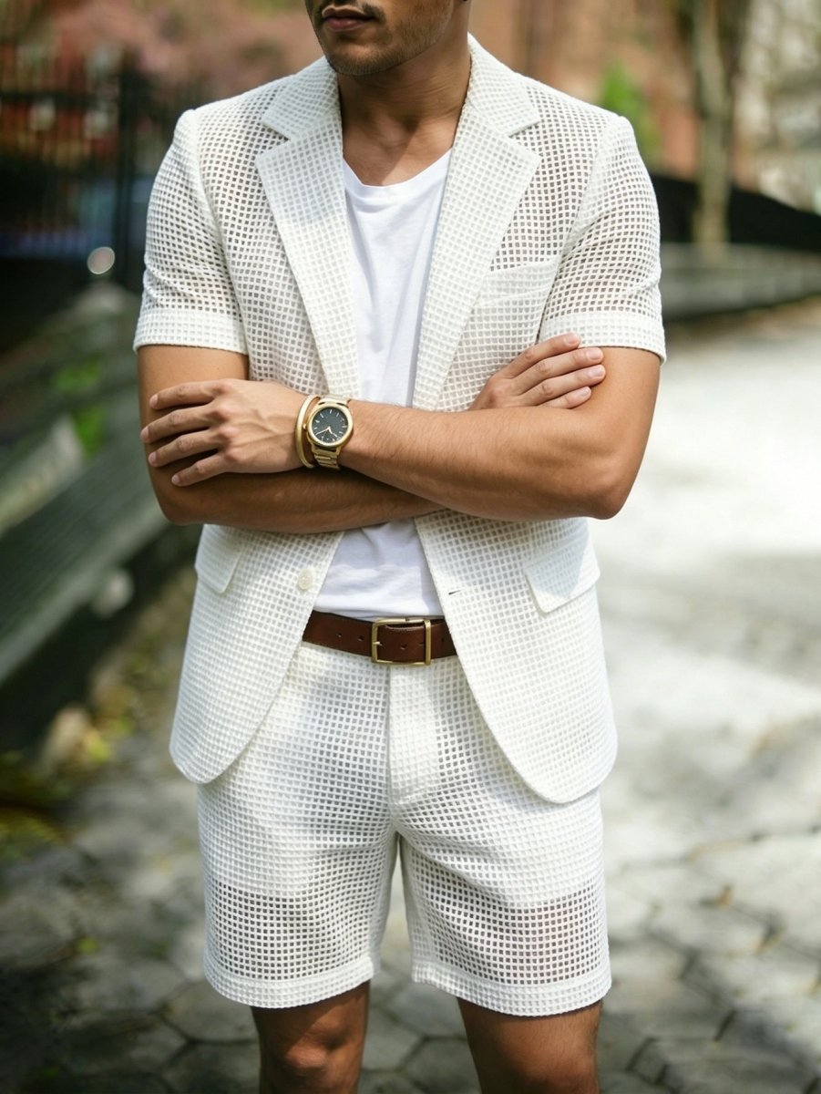 Hommes - Ensemble avec blazer à manches courtes et short en maille ajourée 2