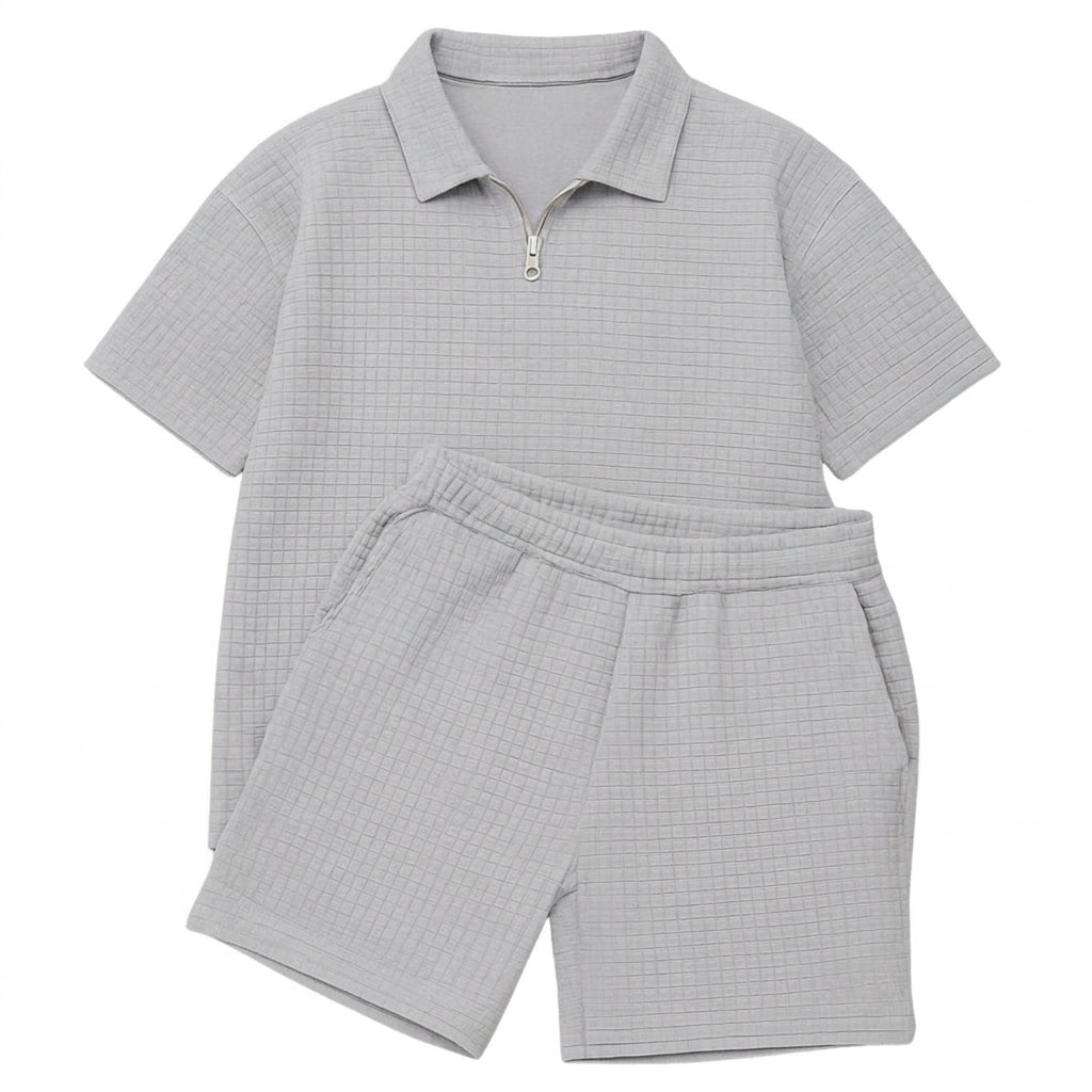 Hommes - Ensemble avec polo à col zippé et short à texture gaufrée 1
