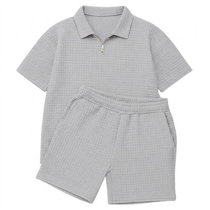 Hommes - Ensemble avec polo à col zippé et short à texture gaufrée 1